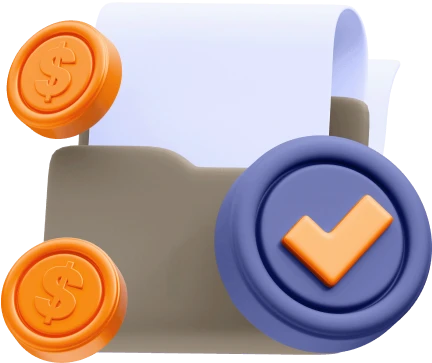 illustration 3D d'un dossier avec une feuille, et deux pièces de dollar à côté